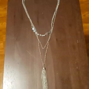 Long multi layer silver necklace